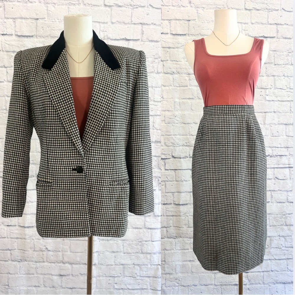 Vintage Robinsons May Two Piece Skirt Suit Set Black White Houndstooth Wool Fall